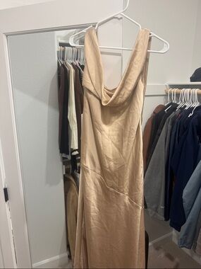 Azazie Champagne Satin Cowl-Neck Maxi Dress